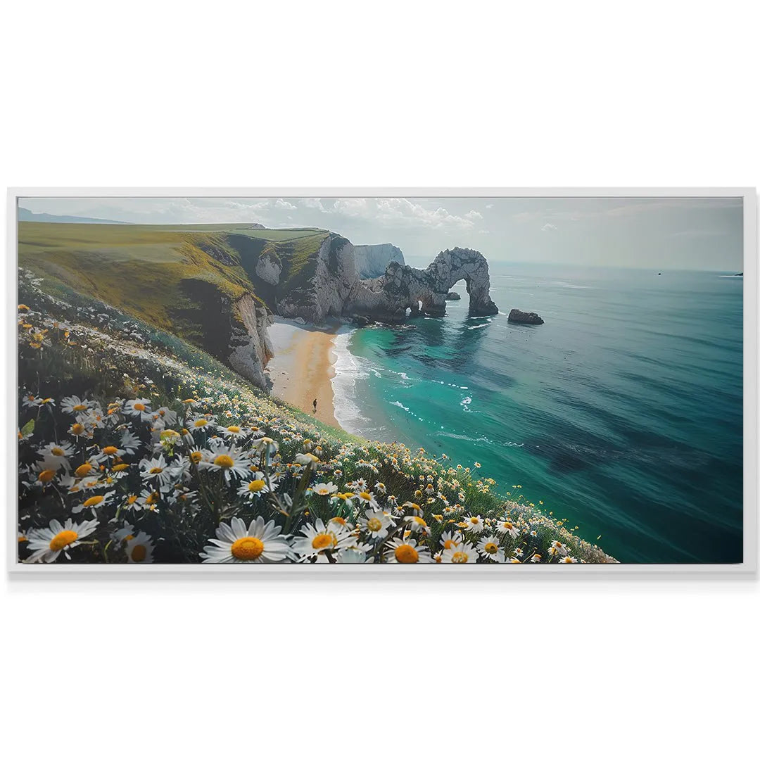 Angled perspective capturing the full scale of the famous natural rock arch against the deep blue sea in Flower Coast.
