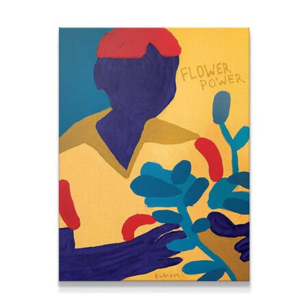 Full canvas view of the abstract painting titled 'Flower Power' showing a blue figure on a yellow background.