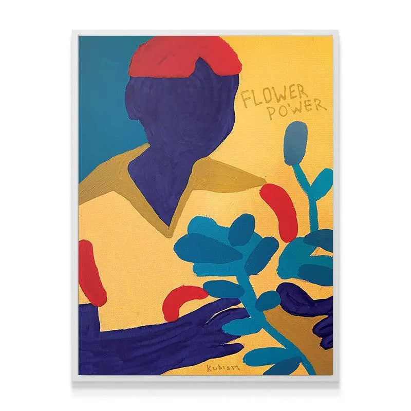 Blue figure's hands holding stylized teal plants in the vibrant 'Flower Power' cubist artwork.