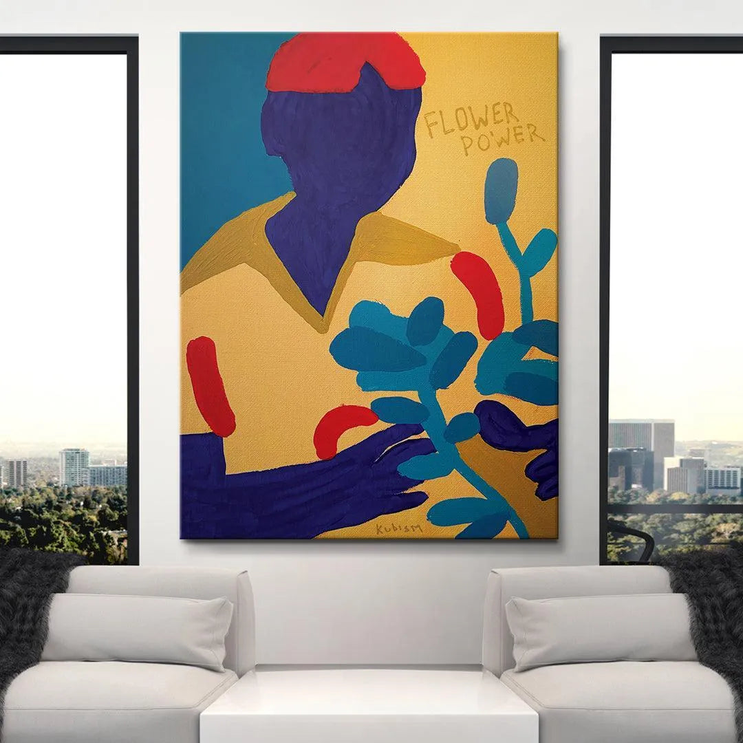 Modern artwork 'Flower Power' displayed on a white wall, providing a lifestyle context for the piece.