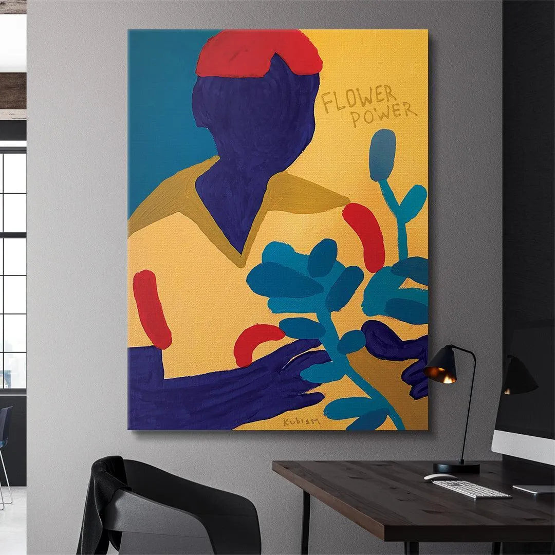 Intense contrast between indigo blue figure and bright yellow pigments dominating the 'Flower Power' painting.