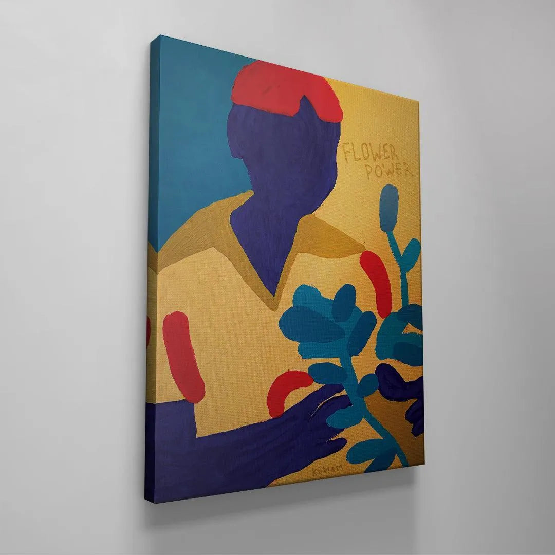 Signature detail 'Kubism' visible near the vibrant blue foliage in the lower portion of the 'Flower Power' piece.