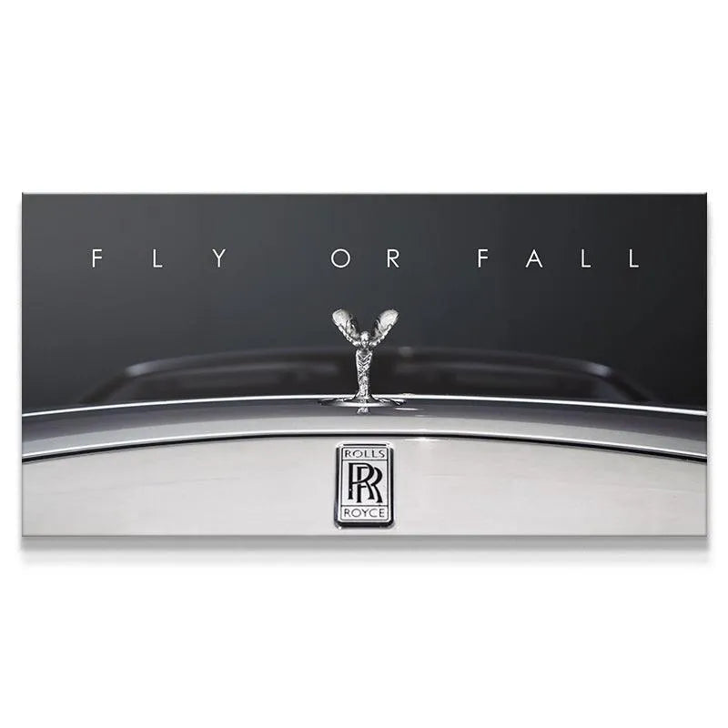 Close-up view of the Spirit of Ecstasy emblem defining 'Fly Or Fall' automotive art.