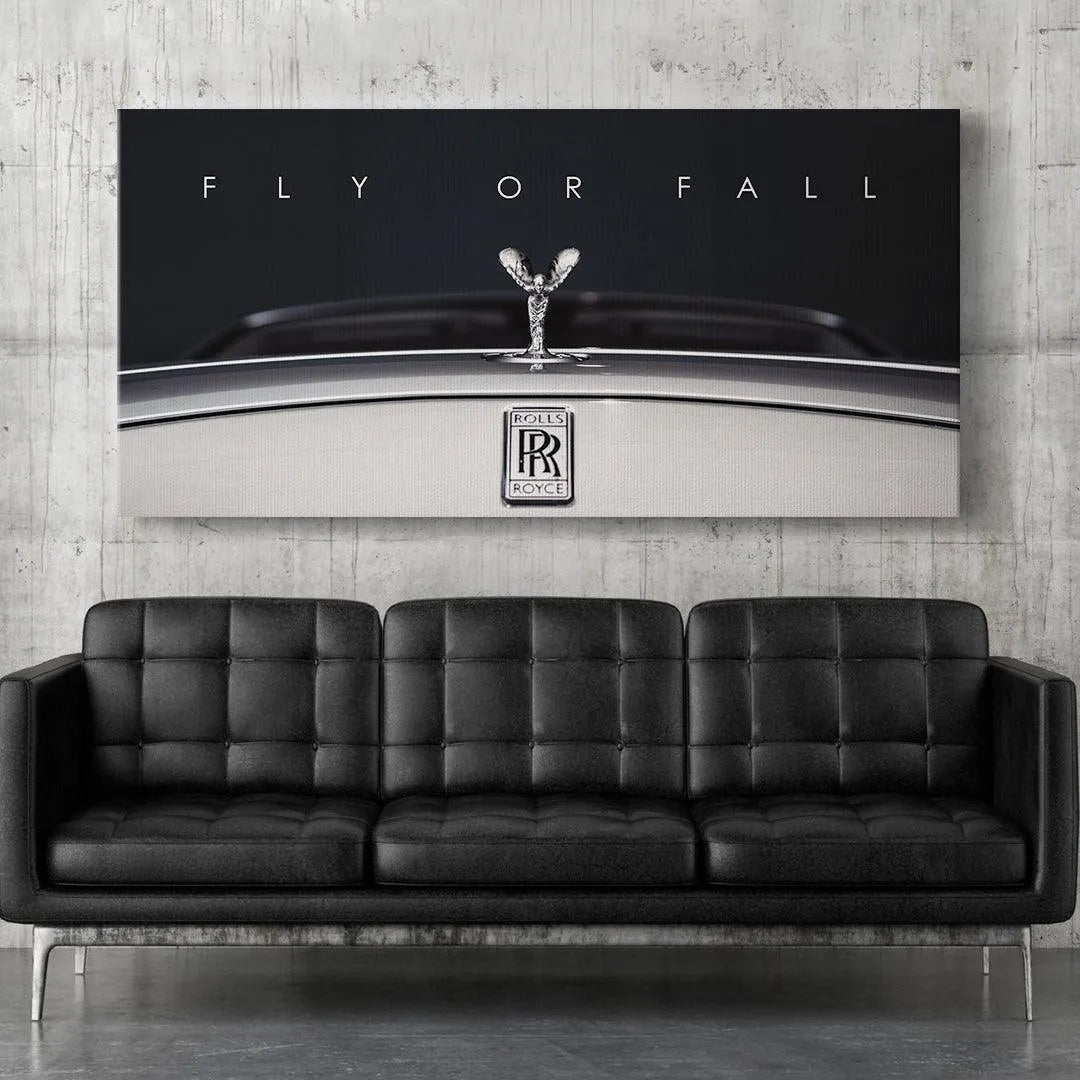 Wide angle view showcasing the full typography of 'Fly Or Fall' above the mascot.