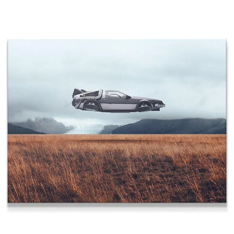 Cinematic long shot of the metallic gray Flying Object over vast amber fields in Iceland.