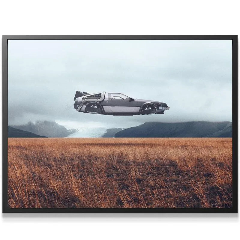 Side profile view of the sleek, hovering Flying Object against a muted, cloudy sky backdrop.