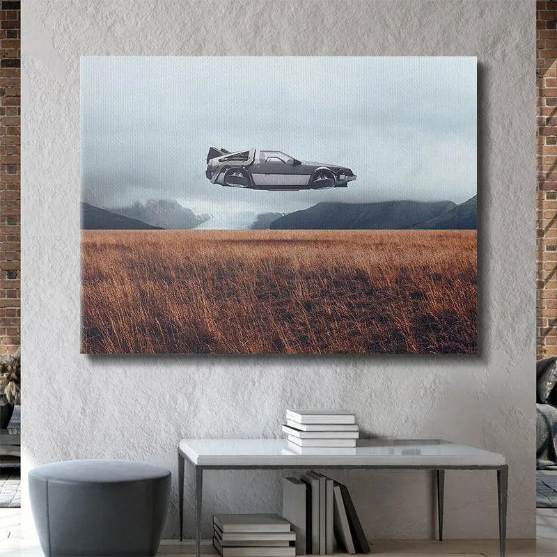 High-resolution depiction of the Flying Object contrasted with distant snowy mountains and a glacier.