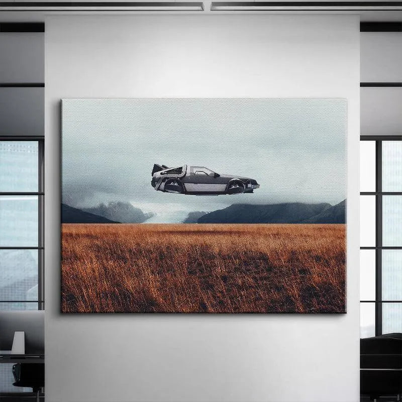 Low-angle perspective showing the shadowless suspension of the sci-fi Flying Object above the tall grass.
