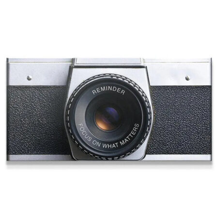 Close-up detail of the 'Focus On What Matters (Camera)' lens inscription, showcasing the motivational text.