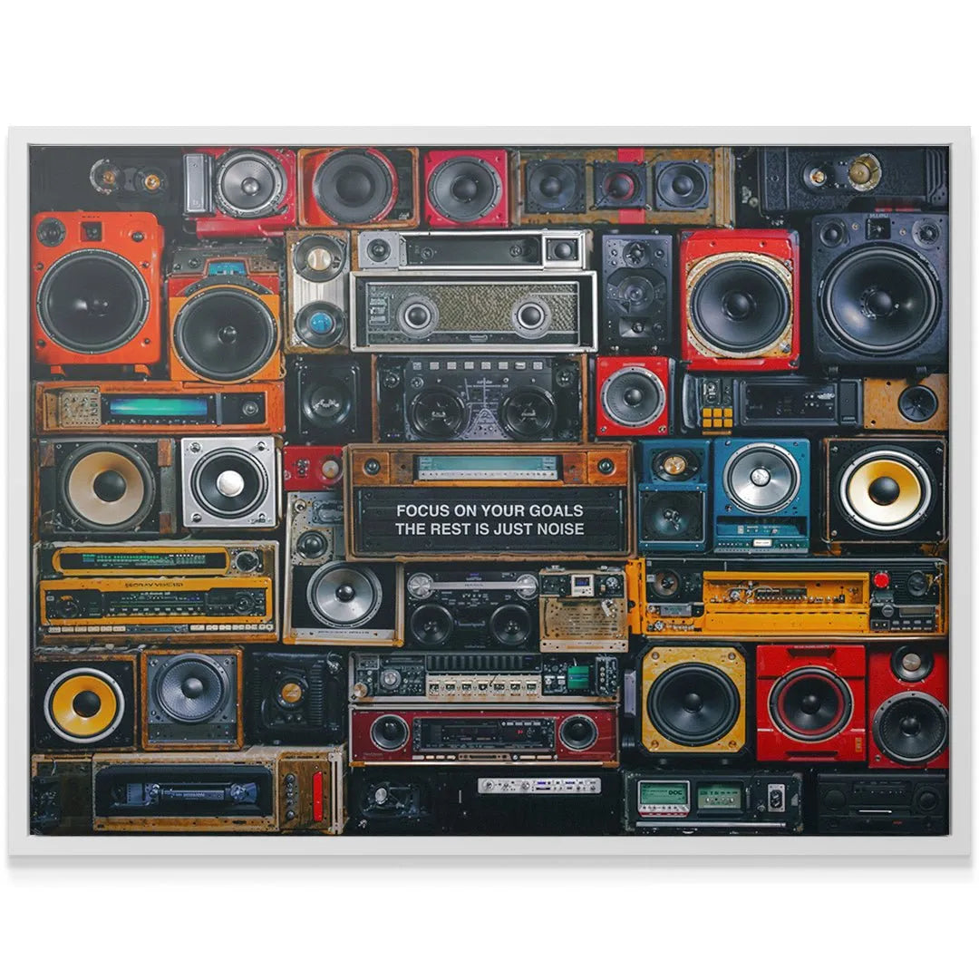 Highly detailed, textured collage of colorful, retro sound system components reinforcing the need to 'Focus On Your Goals'.
