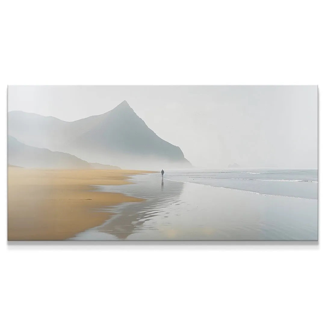 Ethereal panoramic canvas print of the 'Foggy Beach' with a lone walker heading toward a misty mountain.