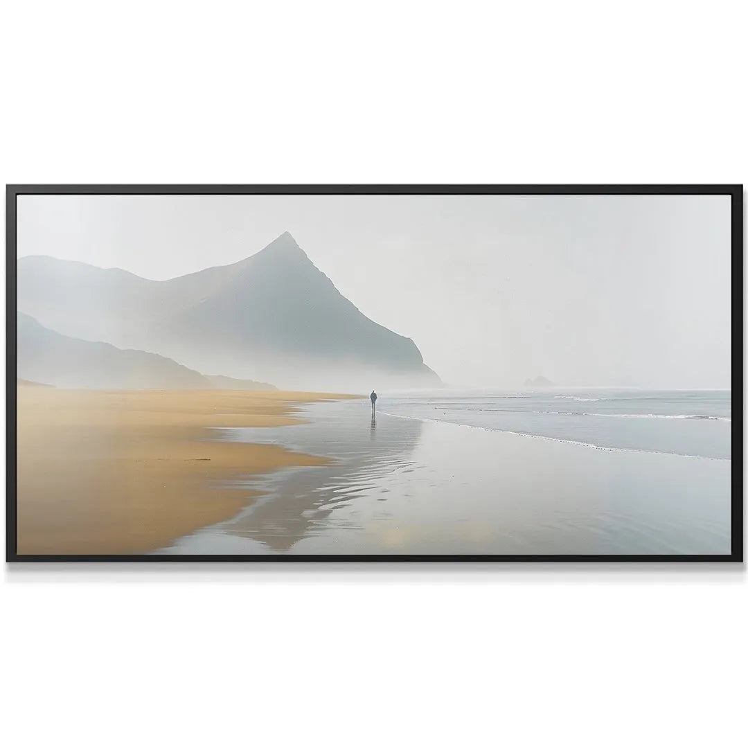 Wide horizontal view of 'Foggy Beach' emphasizing the immense scale of the sand and distant misty mountain peak.