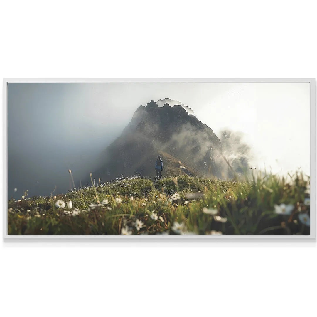 Wide shot featuring the low-angle perspective of the meadow flowers and the distant hiker completing the Foggy Hike.