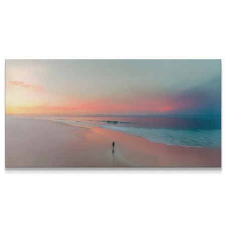 Panoramic view of the pastel sunset beach emphasizing the lone figure's journey - Follow Dreams Not People (No Quote).