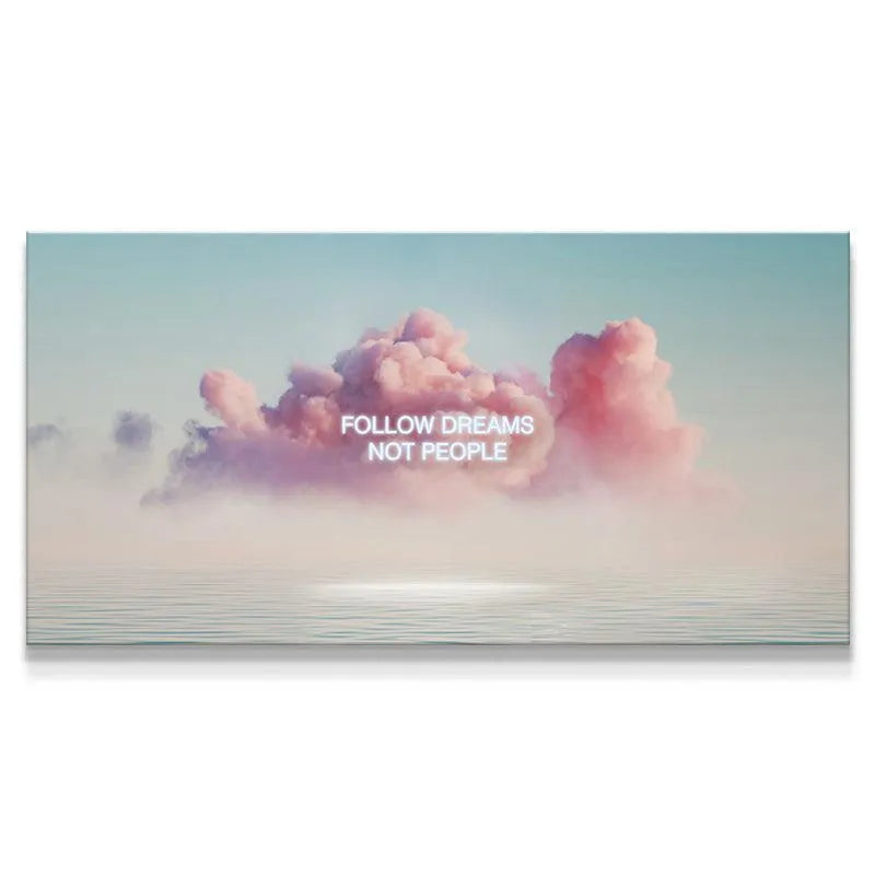 Panoramic view of the motivational 'Follow Your Dreams' neon quote shining through pink cumulus clouds.