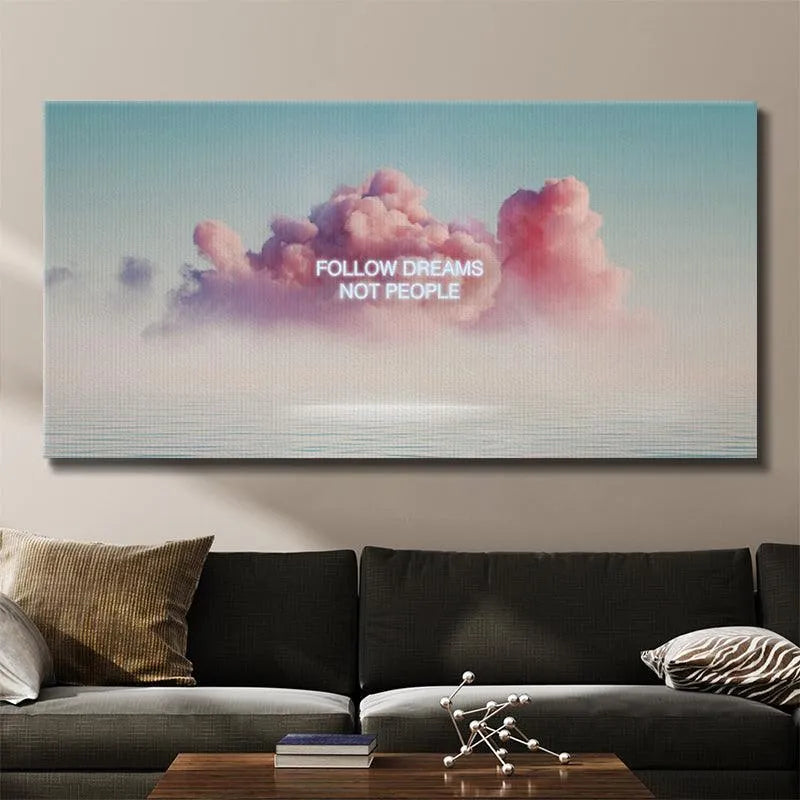 Vertical angle showing the smooth, reflective water surface beneath the inspirational 'Follow Your Dreams' message.