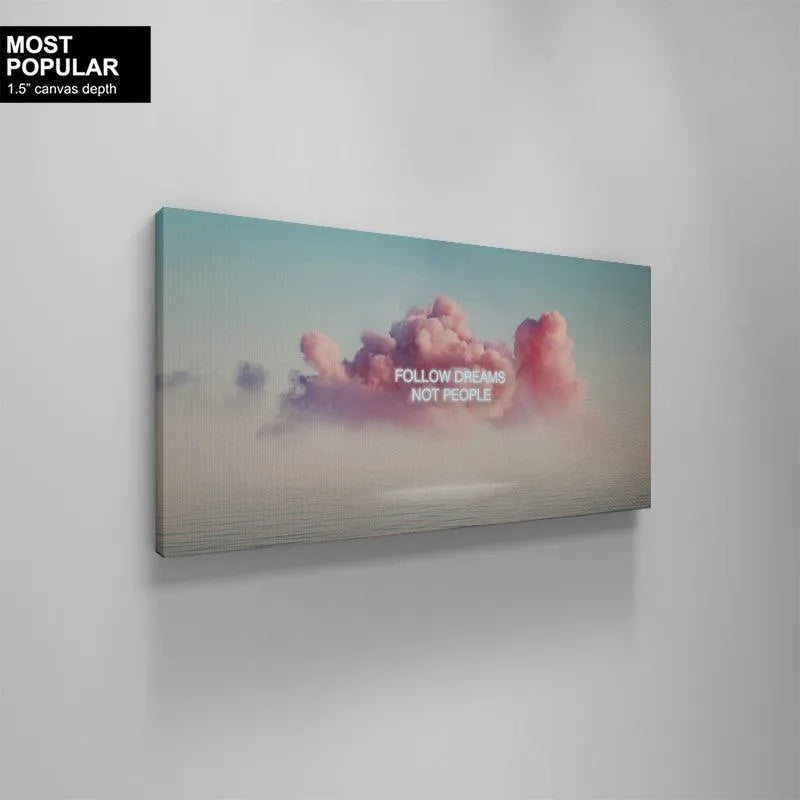 A cropped view emphasizing the rich purple hues within the cloud formation supporting 'Follow Your Dreams' lettering.