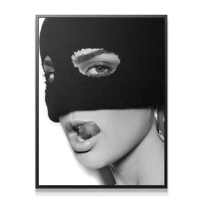 Monochrome fine art print 'Fooled' showcasing the knitted texture of the black mask.