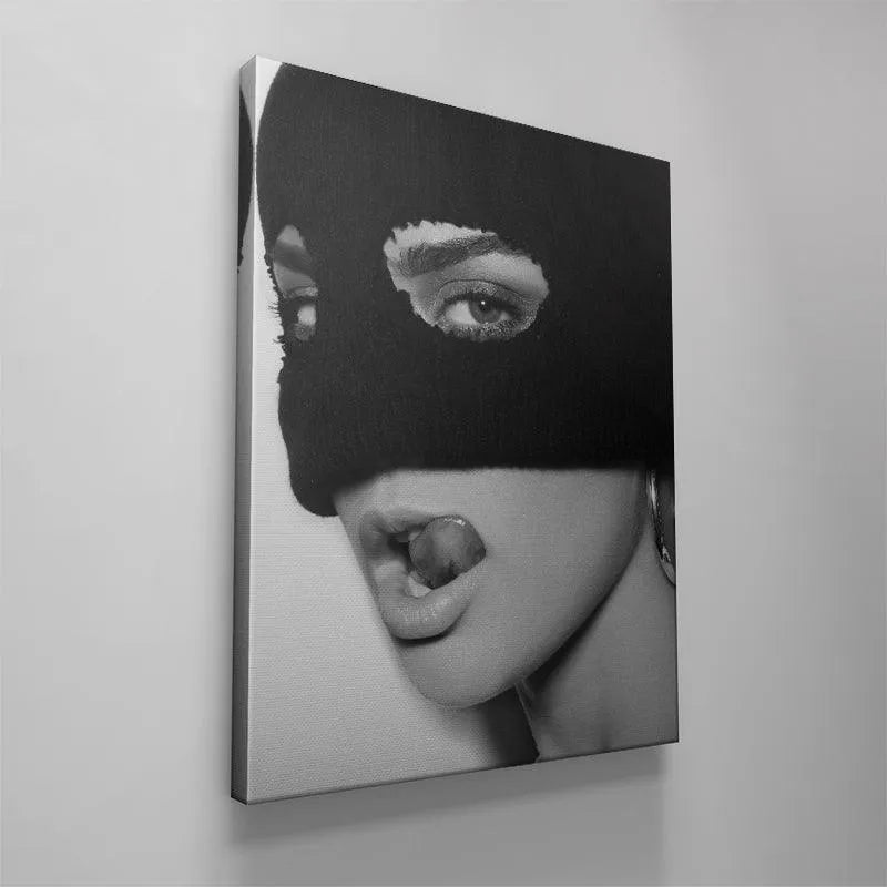 Lifestyle shot of the edgy black and white 'Fooled' art hanging in a modern living space.
