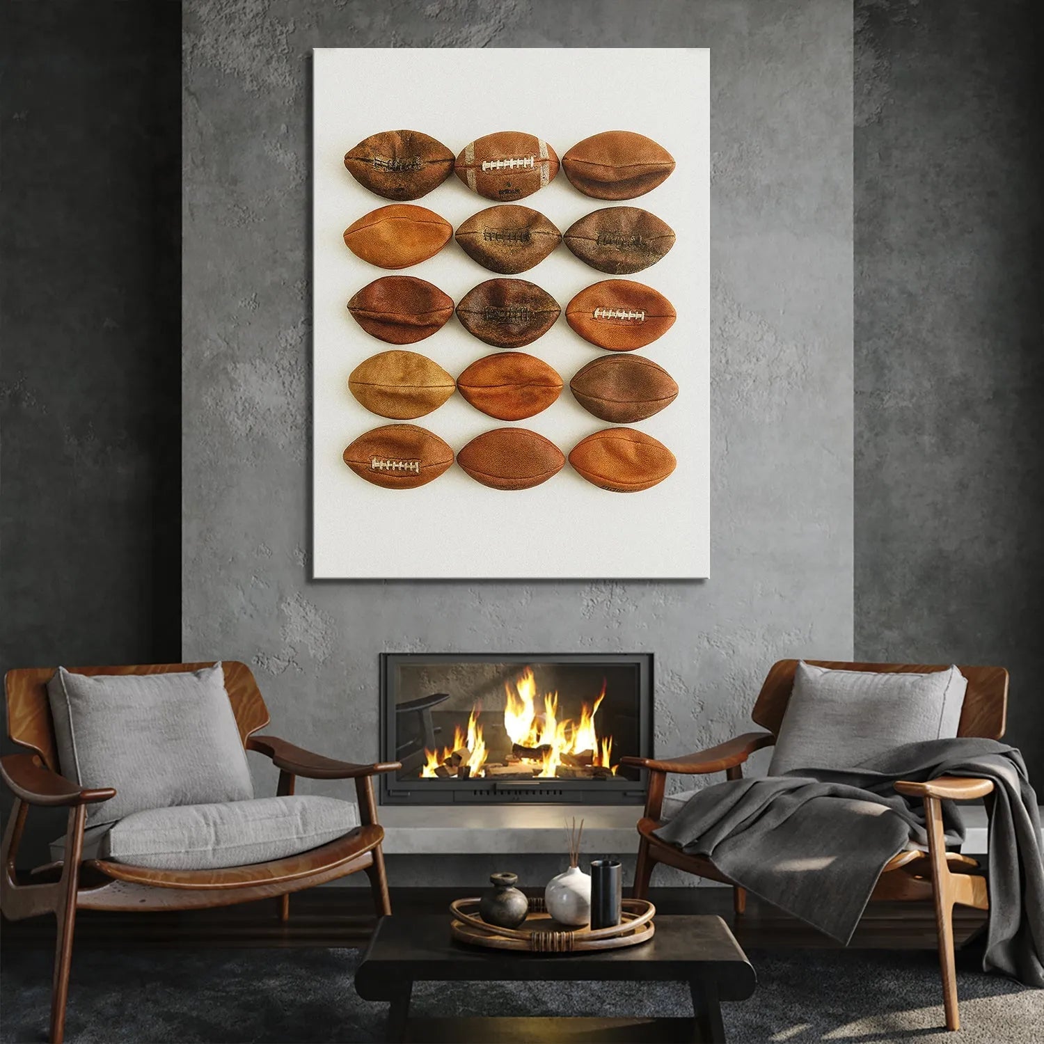 Detail of the prominent white stitching/lacing on one of the classic American Football Wall pieces.