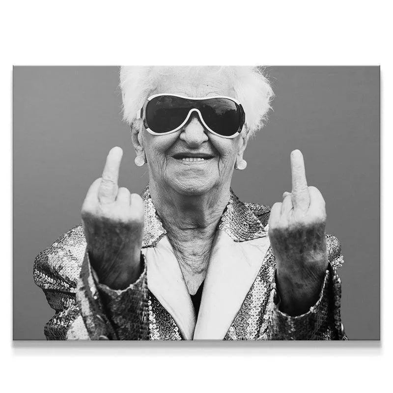 Close-up portrait of the rebellious senior woman with sunglasses expressing the 'Forever Young' attitude.