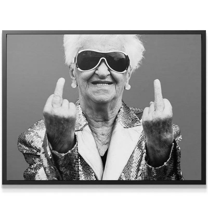 Black and white lifestyle shot featuring the humorous 'Forever Young' grandma giving two middle fingers.