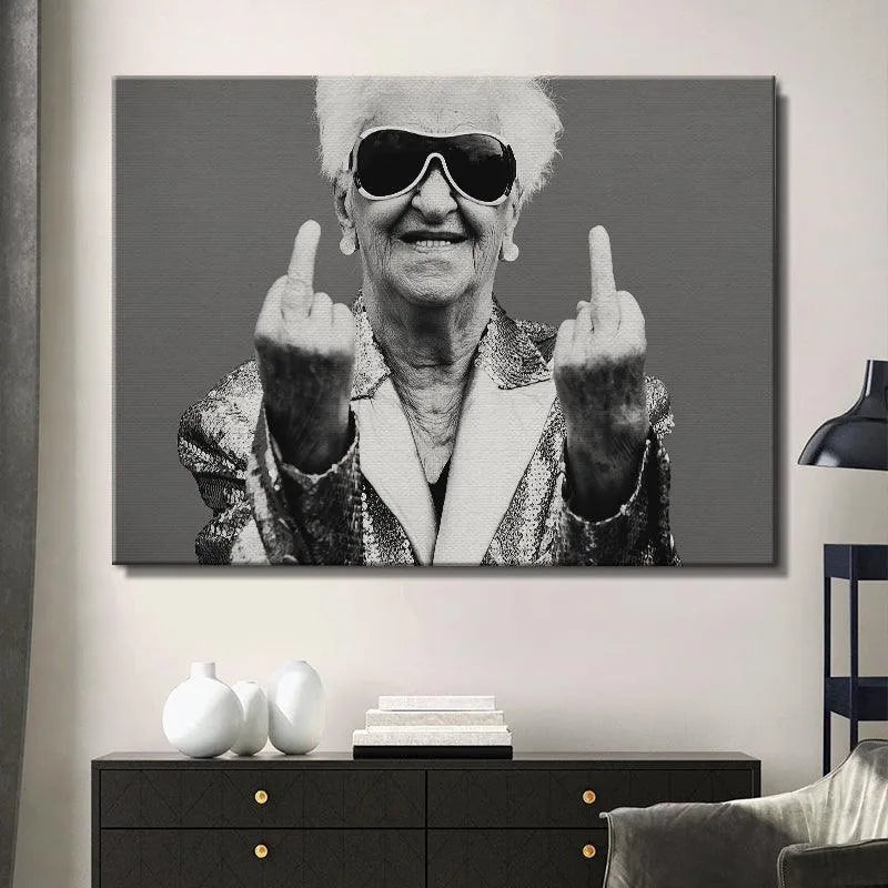 Full view of the confident 'Forever Young' subject wearing oversized white-rimmed sunglasses.