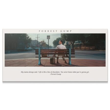 Wide shot of Forrest sitting on the bench, illustrating the full scene of the Forrest Gump - Box of Chocolates poster.