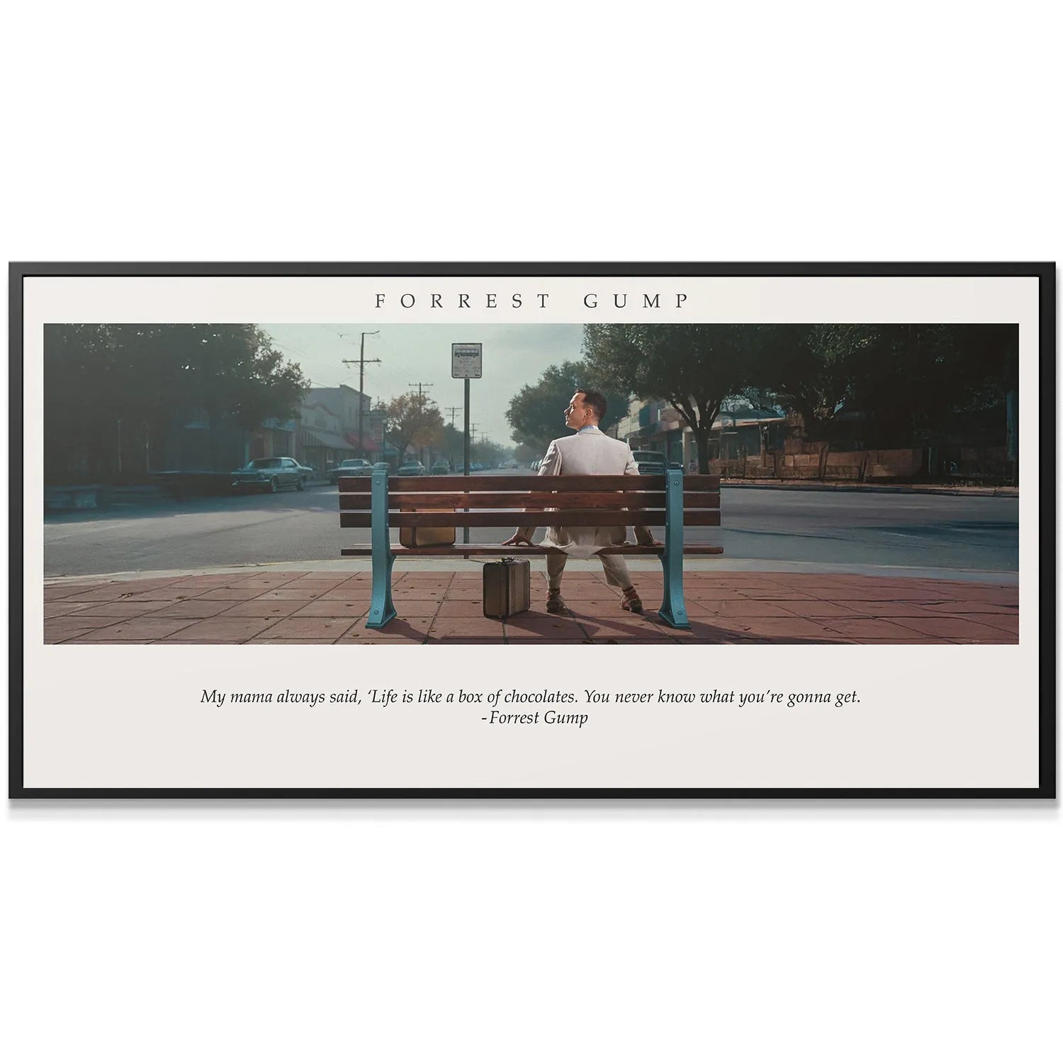 Close-up of the famous quote text: 'Life is like a box of chocolates' on the Forrest Gump - Box of Chocolates print.