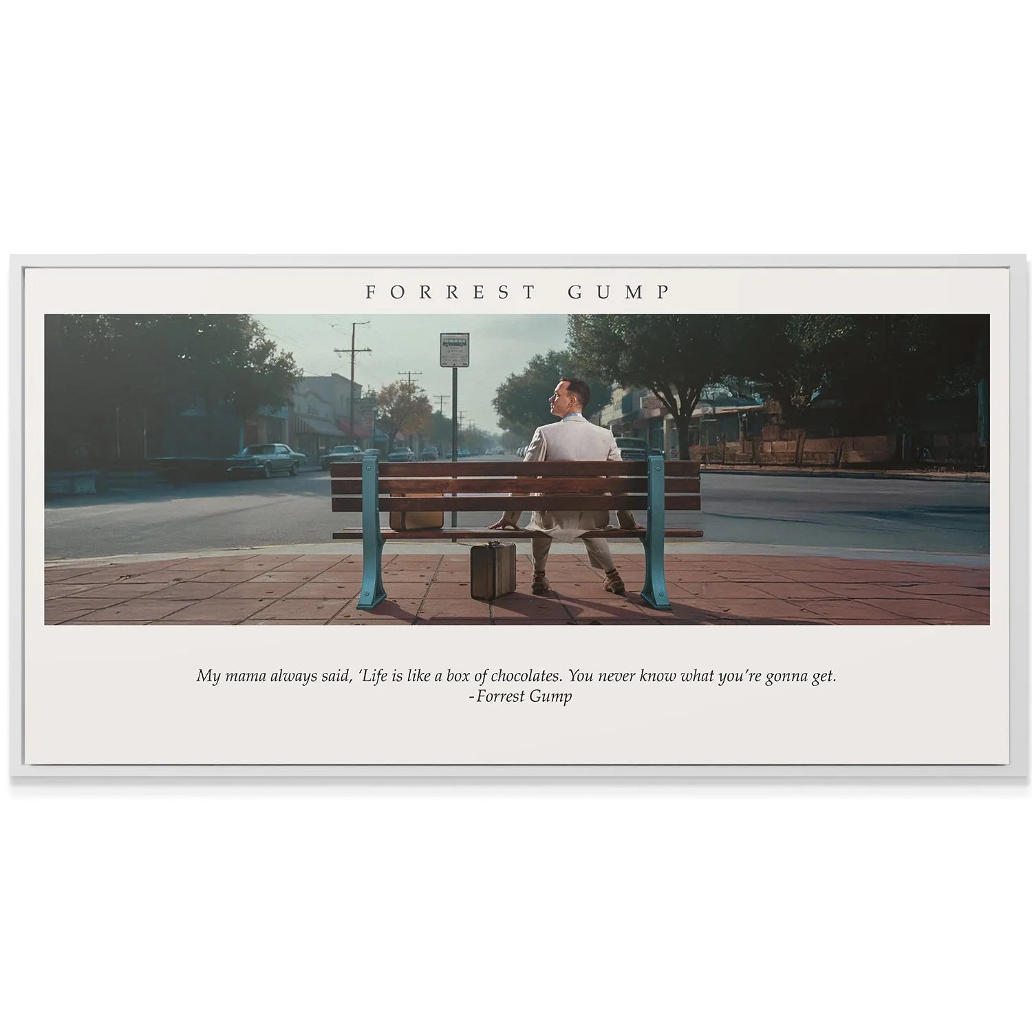 Detailed texture view of the printed canvas depicting the high quality finish of the Forrest Gump - Box of Chocolates artwork.