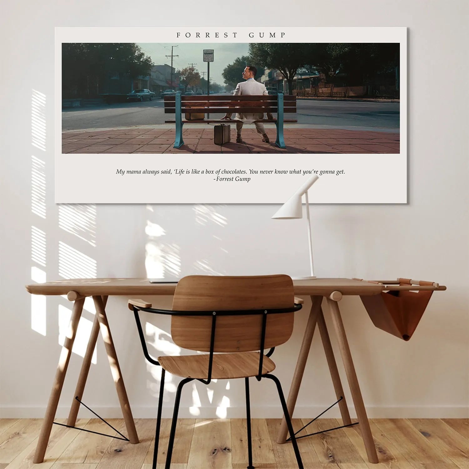 Side angle perspective of Forrest Gump waiting at the bus stop, featuring the iconic Forrest Gump - Box of Chocolates theme.