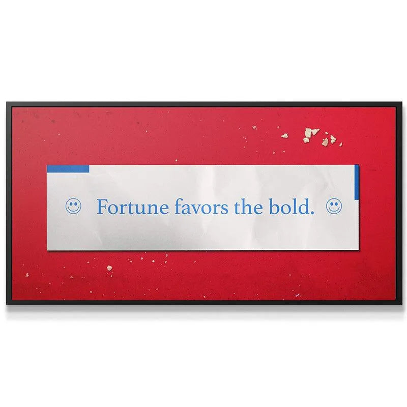 Detailed texture shot of the distressed red background surrounding the motivational 'Fortune Favors The Bold' slip.
