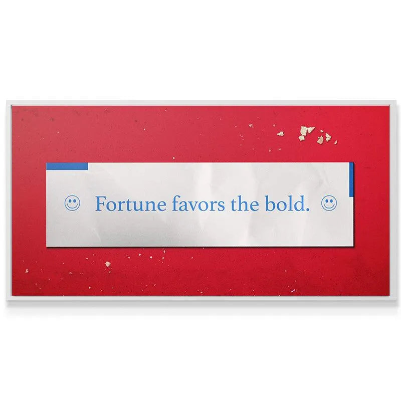 Low-angle view of the modern framed canvas displaying the inspirational 'Fortune Favors The Bold' quote.