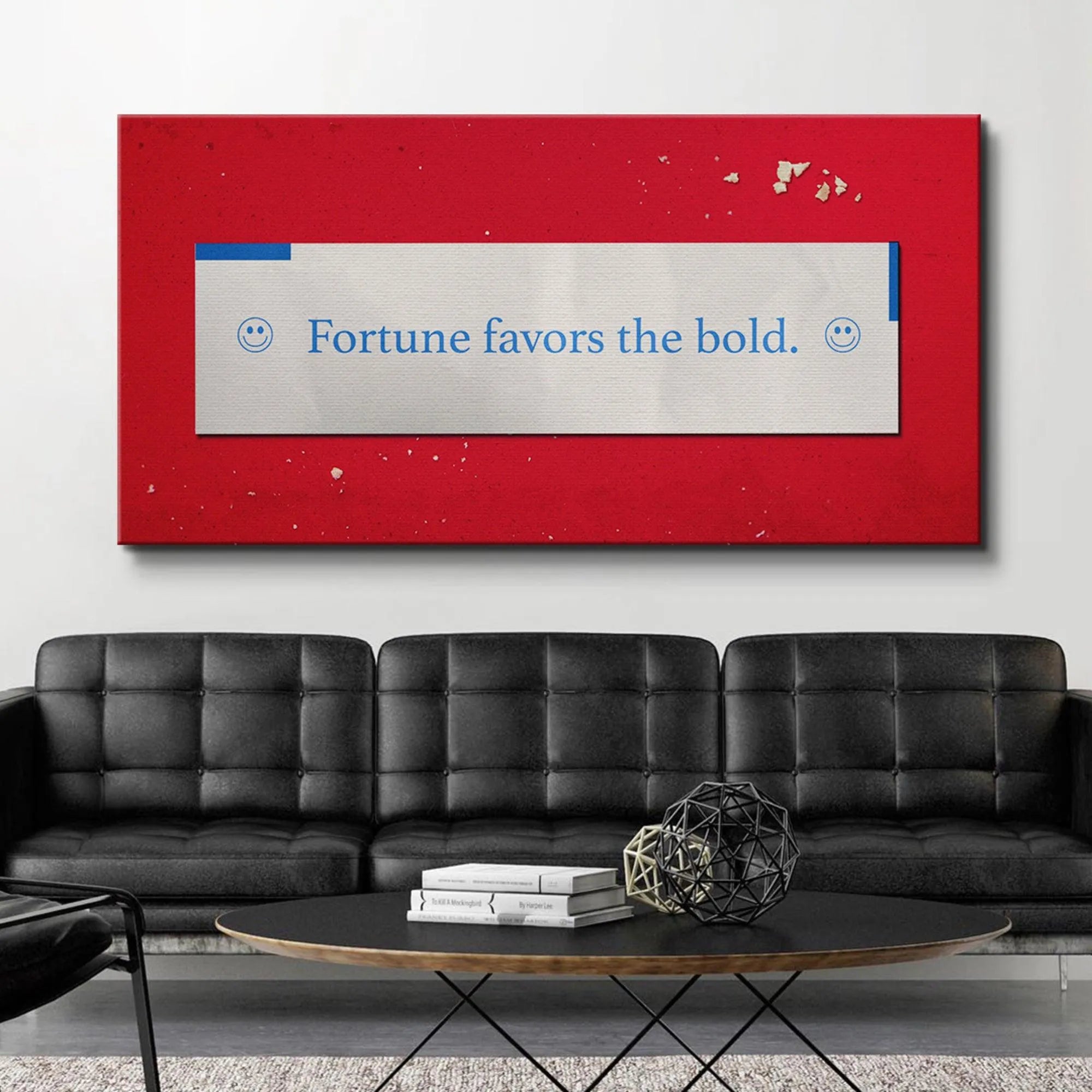 Full frontal view of the striking red and white artistic print titled "Fortune Favors The Bold".