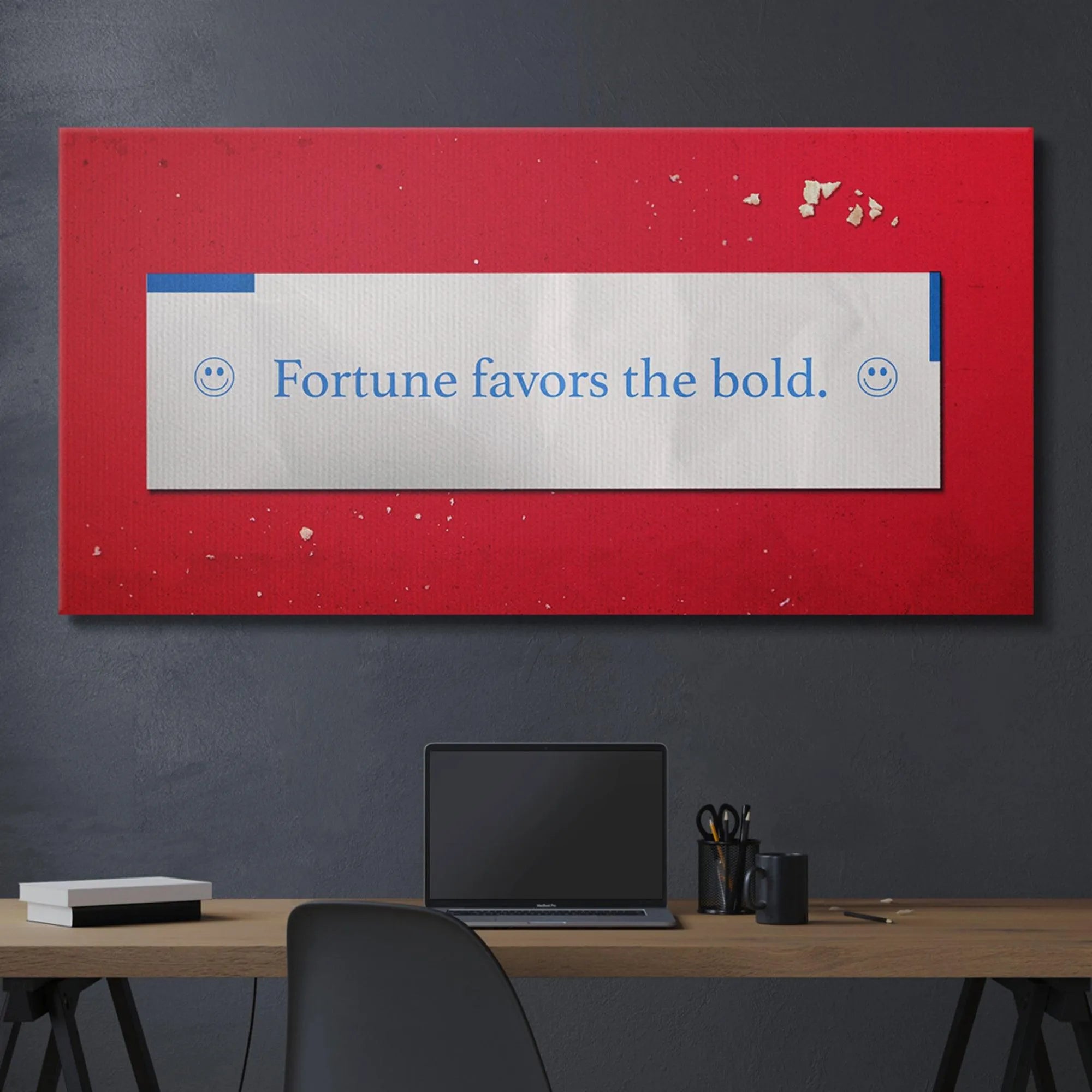 Inspirational home office decor piece featuring the powerful life philosophy phrase 'Fortune Favors The Bold'.