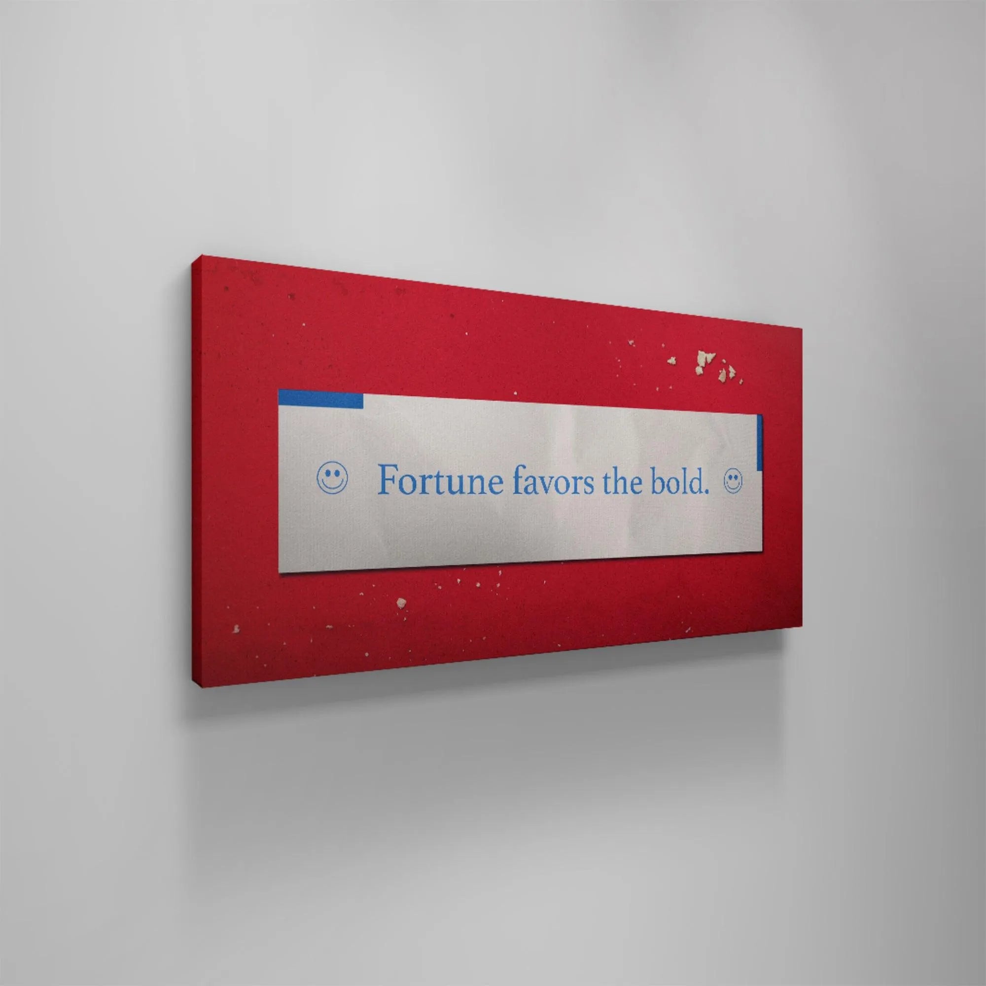 Medium shot showing the contrast between the crisp white paper facsimile and the bold red color beneath the words 'Fortune Favors The Bold'.