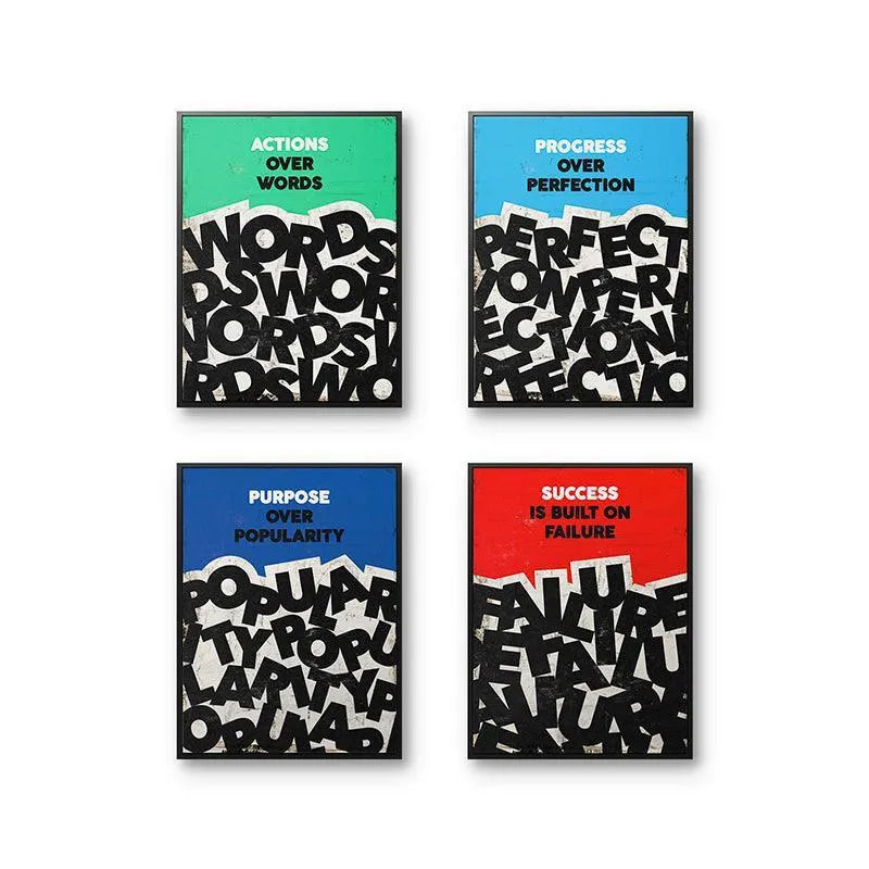 Angled view showing the vibrant colors (red, blue, green) of the motivational Foundations Bundle prints.