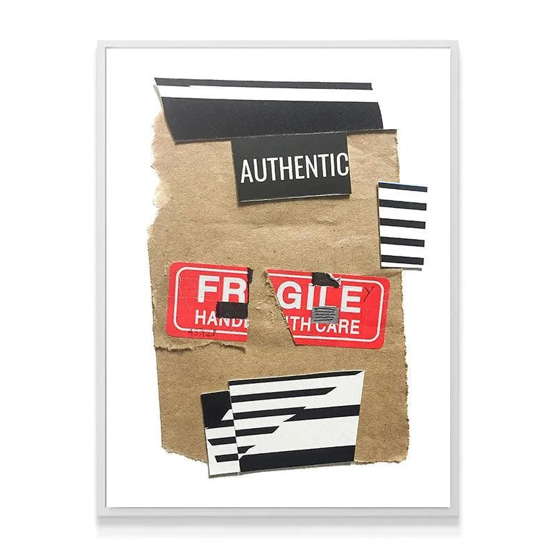 Artistic rendering of shipping labels including the red 'Fragile' sticker in a collage format.