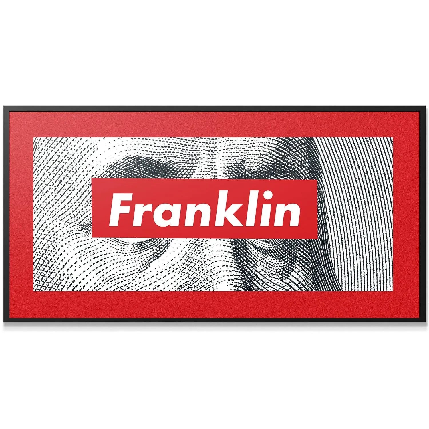 Full horizontal view of the vibrant red border framing the Franklin black and white artwork.
