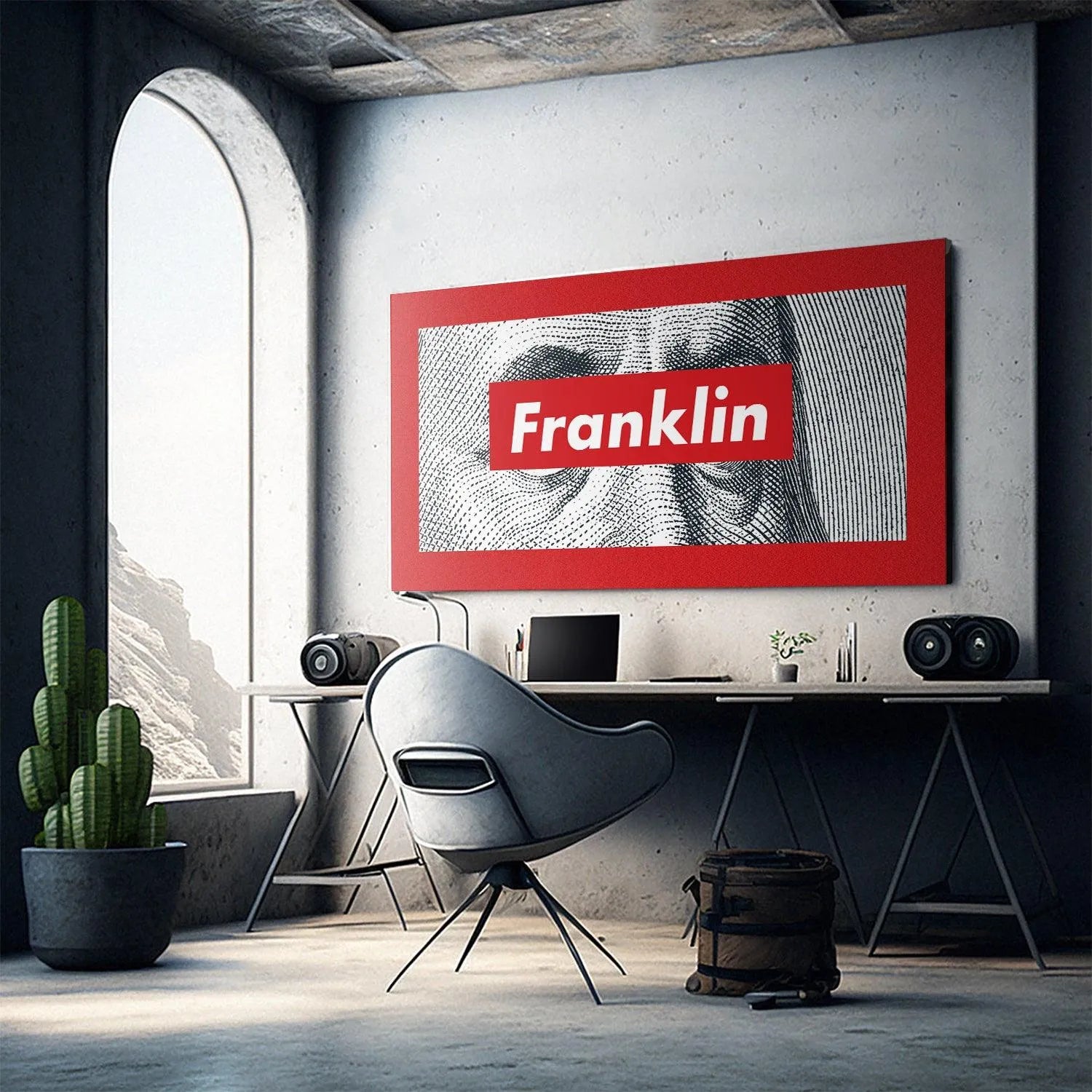 Detailed macro shot capturing the white bold font of 'Franklin' on the solid red bar overlay.