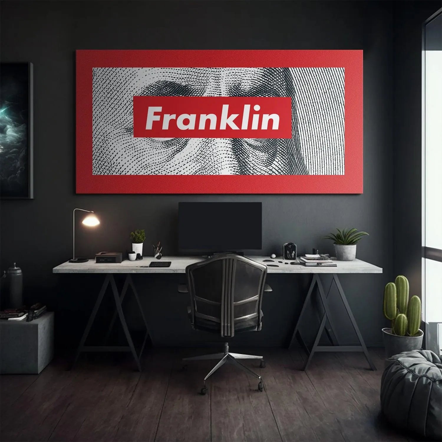 Angled overhead perspective highlighting the glossy finish of the Franklin canvas print surface.
