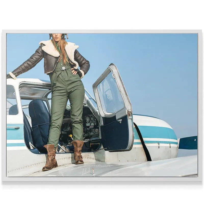 Empowering image of a ready-to-fly pilot posing next to a vintage cockpit door, Friendly Skies collection.