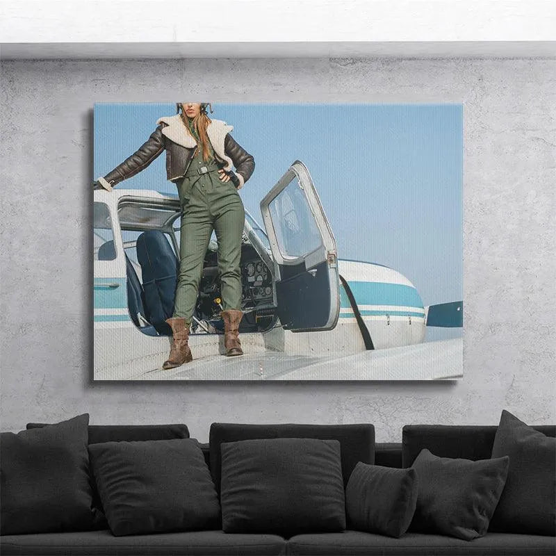 Low-angle view emphasizing the strong stance of the pilot against the blue Friendly Skies backdrop.