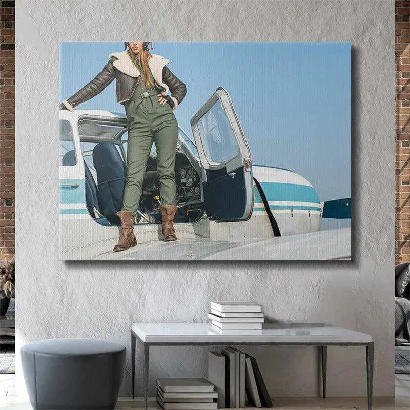 Close-up of rugged brown leather boots standing firmly on the airplane metal fuselage, capturing Friendly Skies detail.