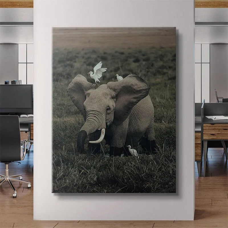 Vertical orientation of the wildlife print 'Friends from Far' against a neutral wall backdrop.
