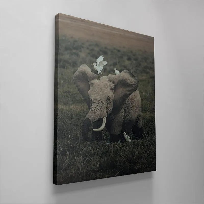 Texture detail of the elephant's trunk and ivory tusk in the artwork 'Friends from Far'.