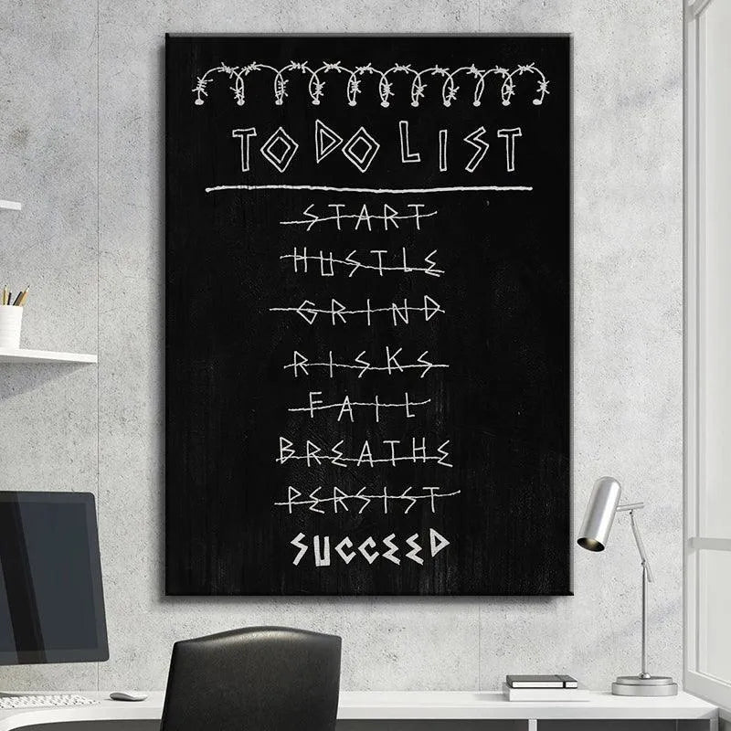 Lifestyle image showing the large format FTWS To Do List print displayed in a minimalist living room.