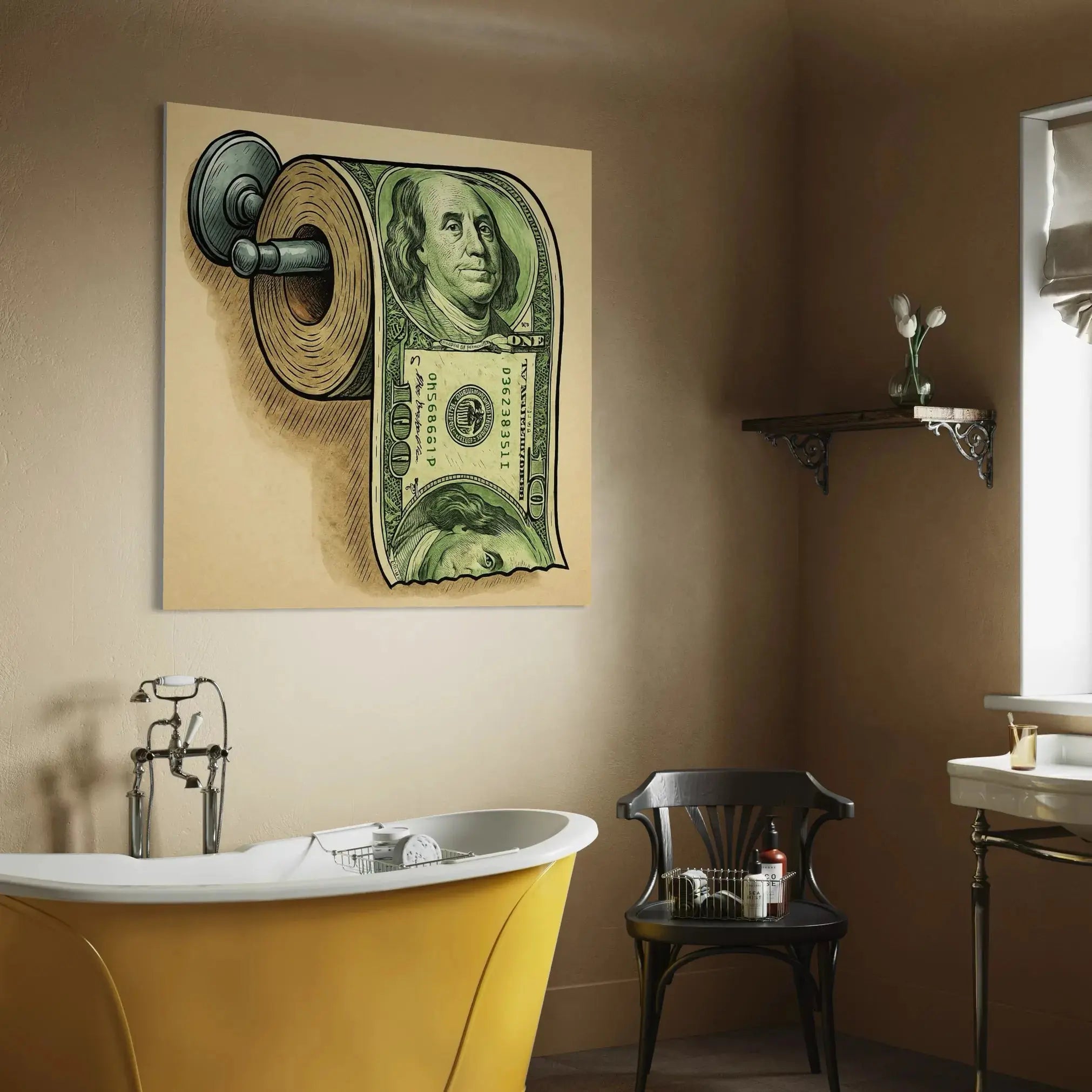 Funny Bathroom Canvas Art – Dollar Bill Toilet Paper Roll