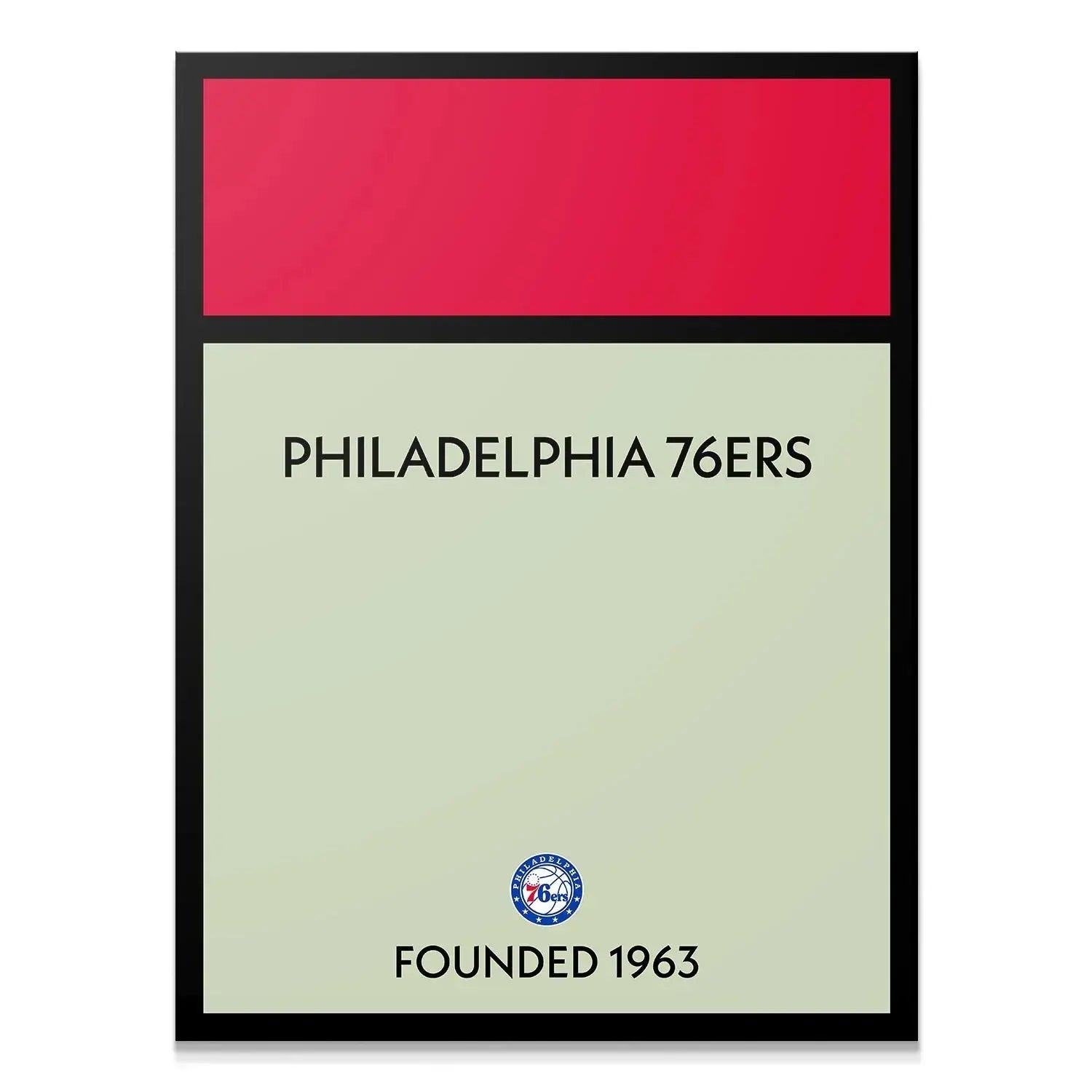Frontal view of the minimalist property deed-style Game Board - 76ers print.