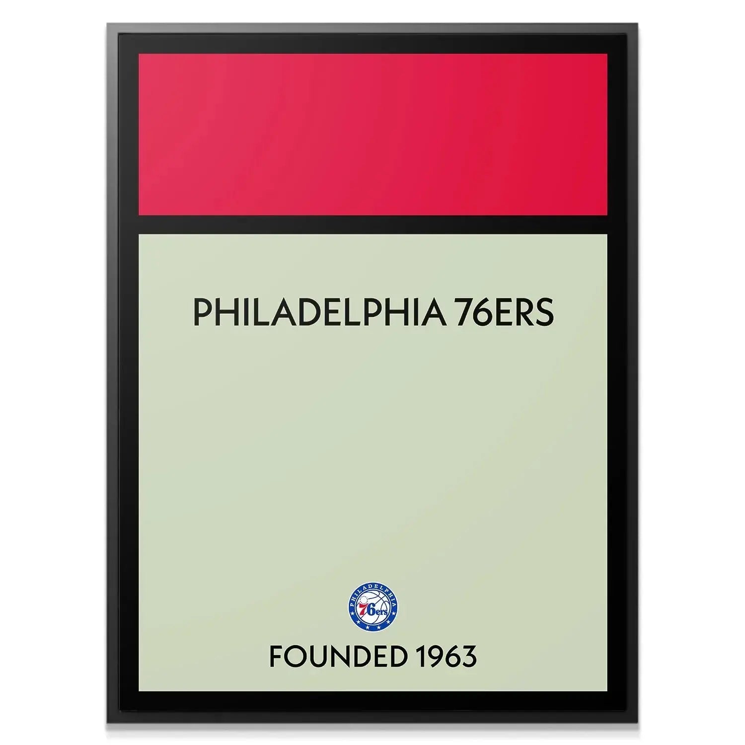 Close-up shot highlighting the 'FOUNDED 1963' text on the Game Board - 76ers poster.